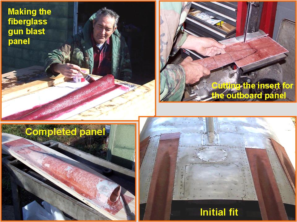 A composite picture showing the initial work on the fiberglass gun blast panels. 
            Click on the picture to enlarge it.